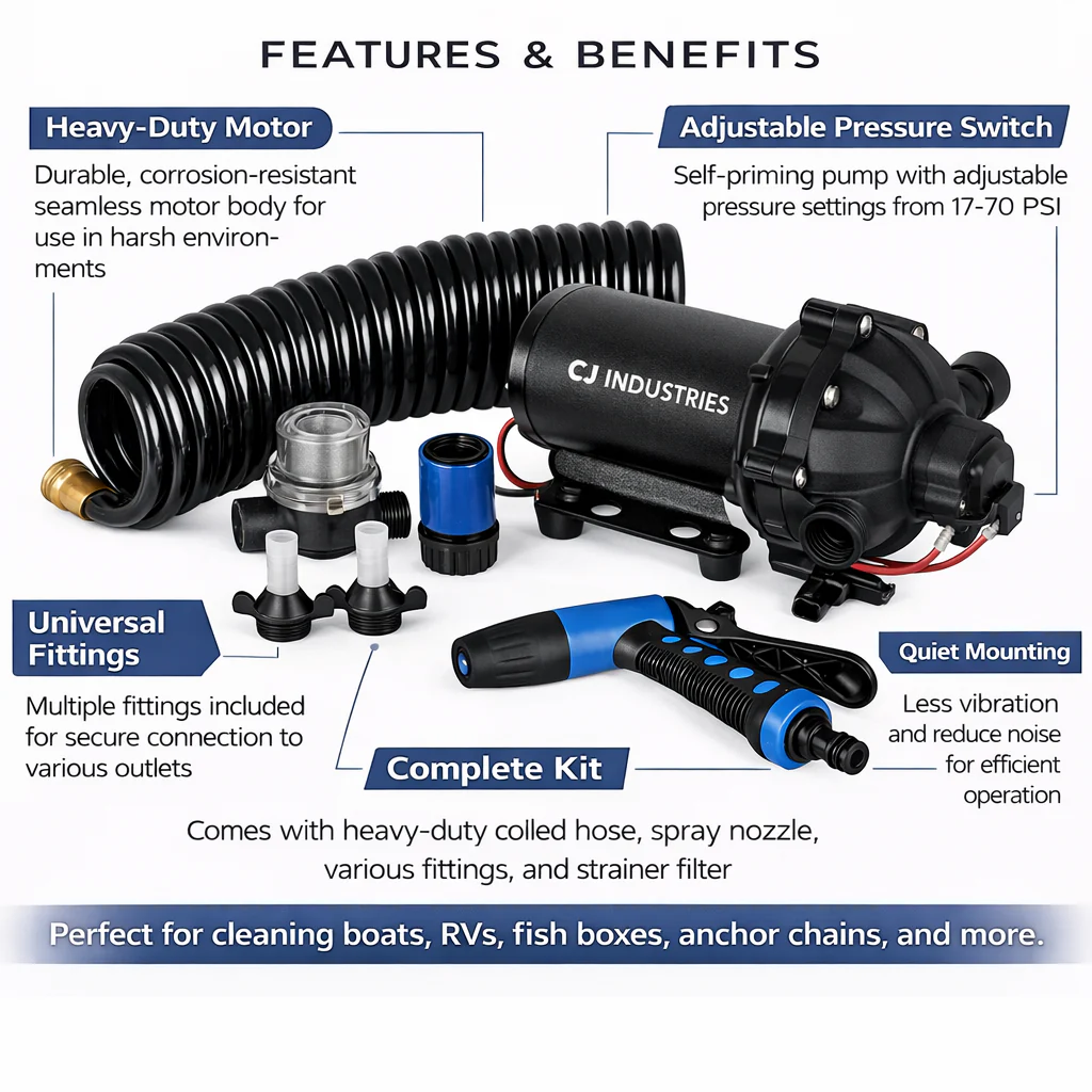 CJ INDUSTRIES 12V High Pressure Water Pump Kit – Portable Camping / Caravan & 4WD Cleaning Spray System (20.8 LMP) - Image 2