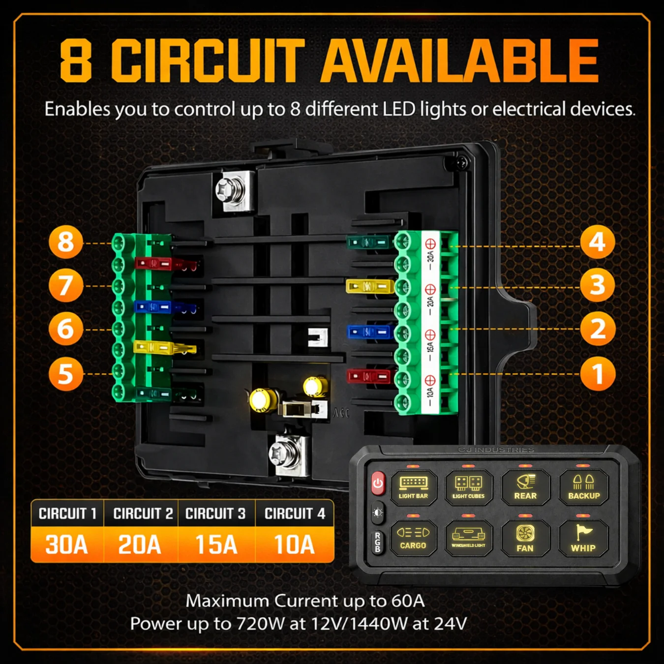 CJ Industries 8 Gang 4x4 Switch Control Circuit Panel 12v/24v (with Bluetooth) - Image 11